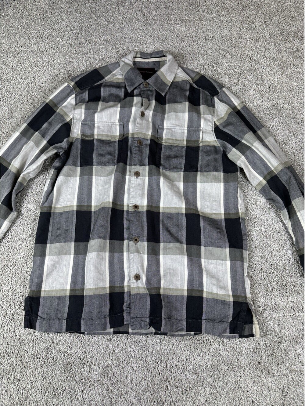 Tommy Bahama Shirt Mens Medium Gray Green Ivory Plaid Preppy Silk
